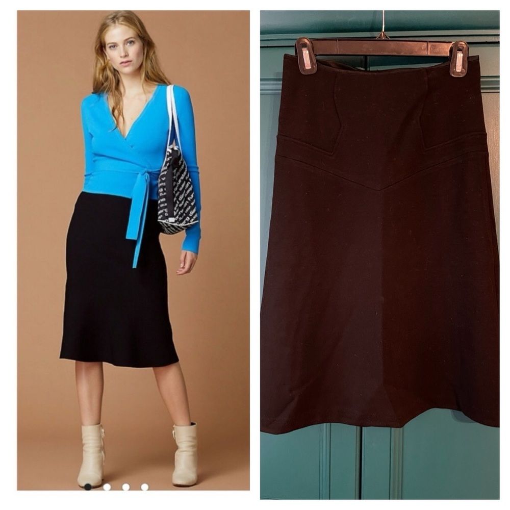 Diane Von Furstenberg Black Midi Wool Skirt A Line Sz 2